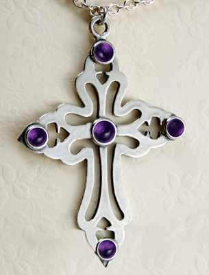 Sterling Silver Large Cross Pendant Necklace with Amethyst